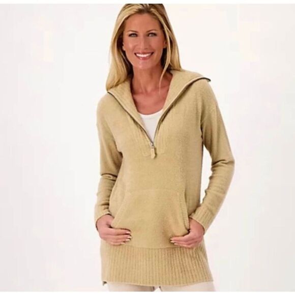 Barefoot Dreams Sweaters - Barefoot Dreams CozyChic Lite Half Zip Tunic Sweater Biscotti Large Comfy Lounge